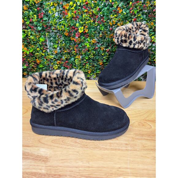 UGG Koolaburra Aribel Short Folding‎ Boots Leopard Animal Print Black Womens 10 - Picture 2 of 11
